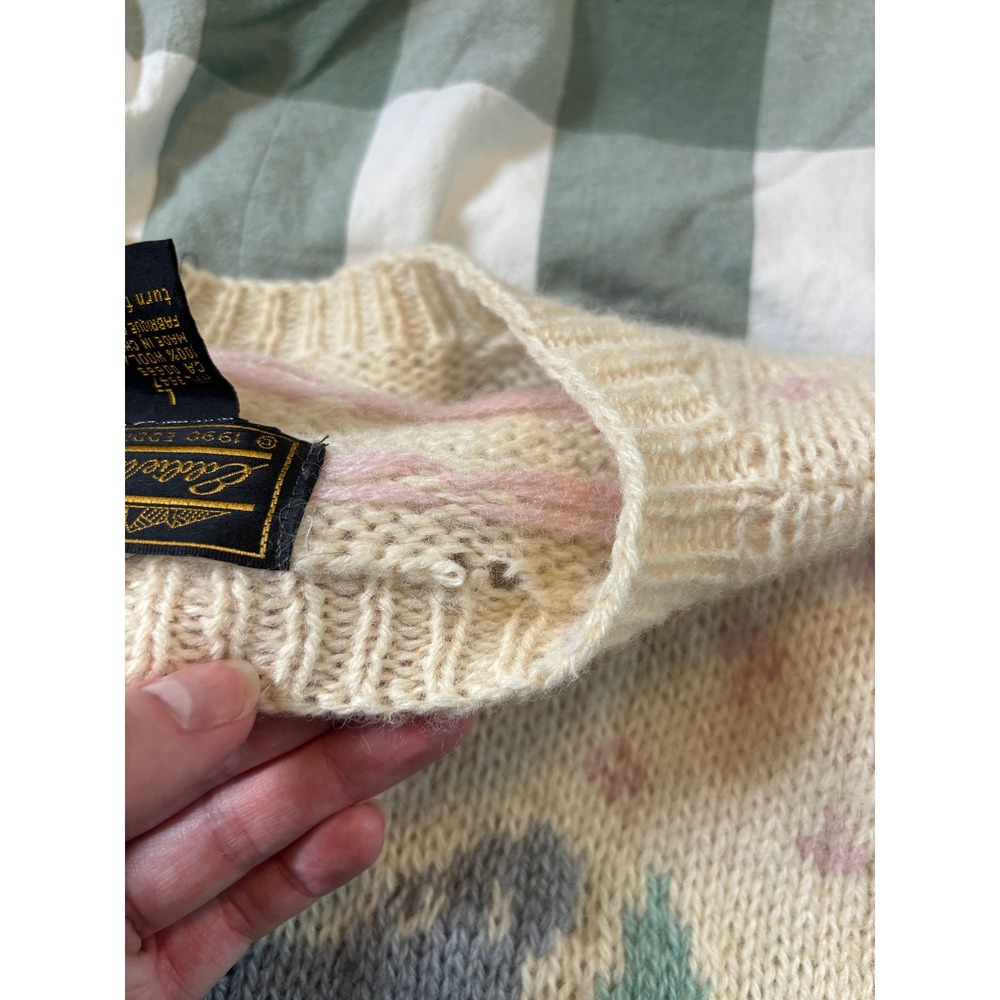 Vintage 1990 Eddie Bauer Wool Wolf Sweater Pink Cream Fair Isle Knit Large - Picture 9 of 9